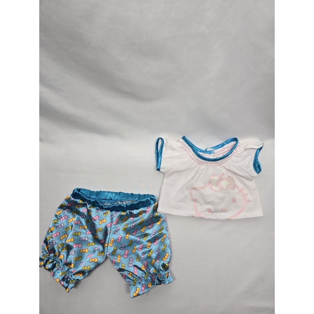 Build a Bear Hello Kitty BAB Blue Satin Pajama Pj’s Bottoms & T-shirt Top Bows